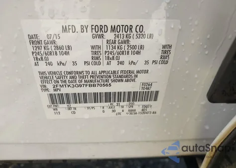 2015 Ford Edge Se из США, поврежденный, VIN 2FMTK3G97FBB70565